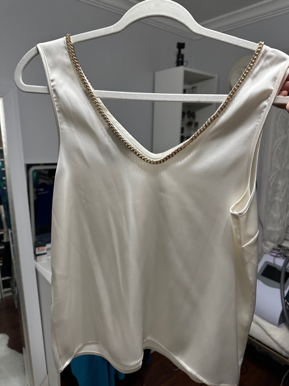 Rachel Zoe Cream Satin Shell with Gold Chain Trim